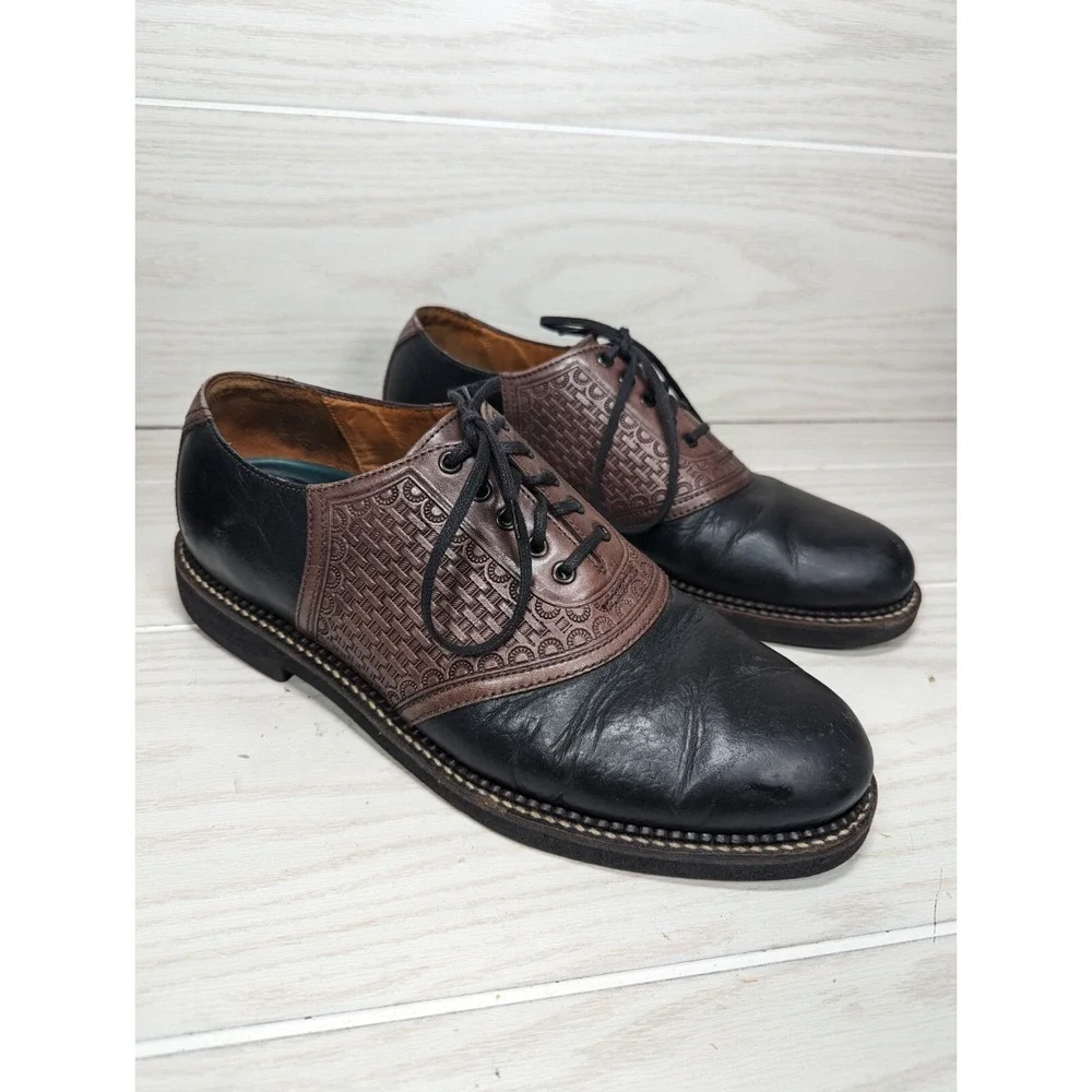 VTG HS‎ Trask Saddle Dress Shoes Mens Sz 9.5M Brown Black Leather Oxfords H4065